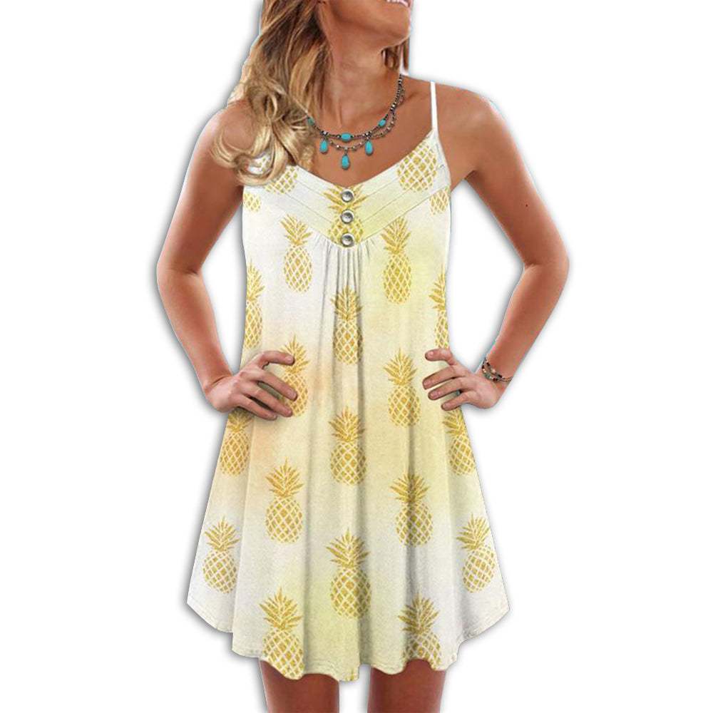Fruit Pineapple Tropical Made Me Happy V-Neck Sleeveless Cami Dress For Coastal Travel And Relaxed Summer Wear