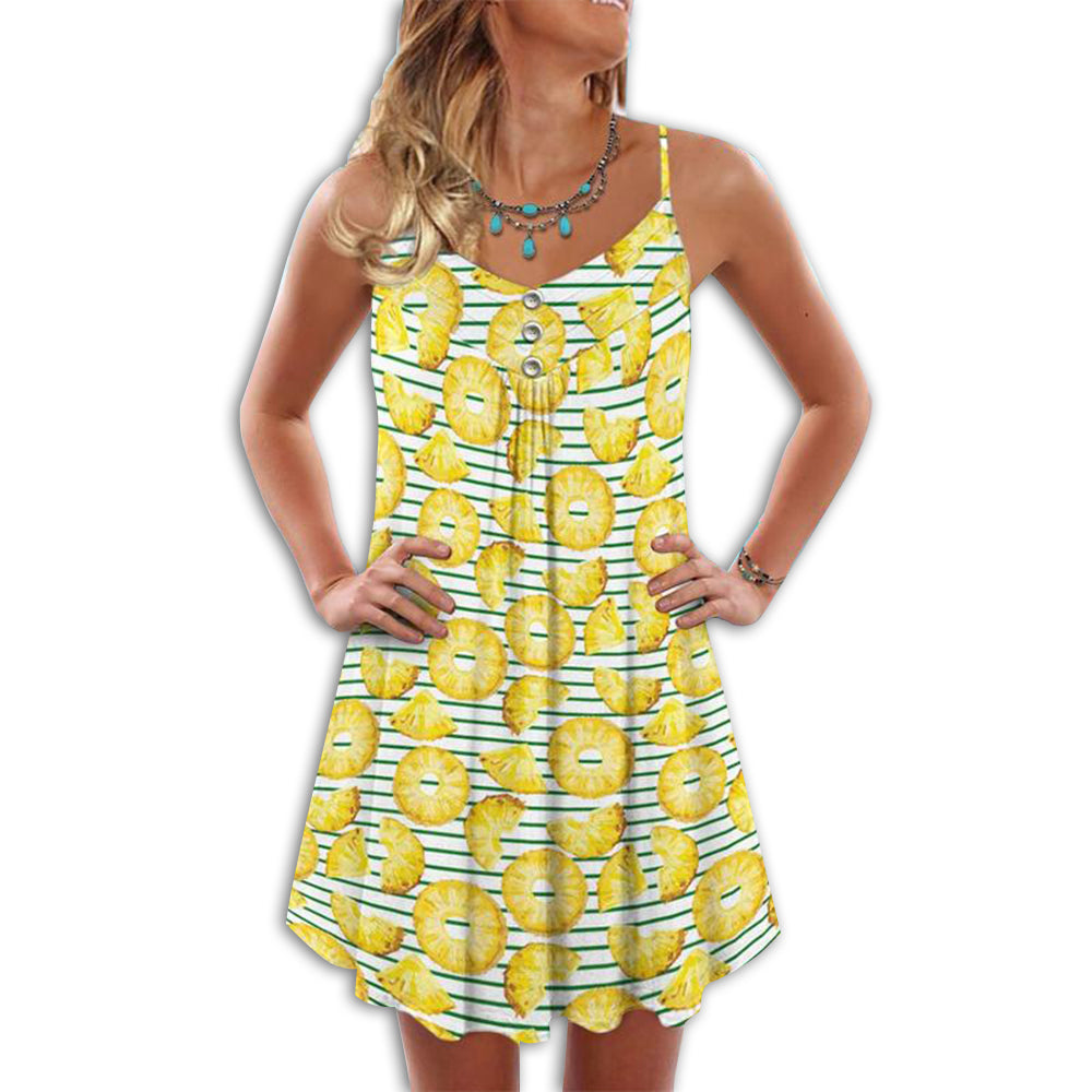 Fruit Pineapple Tropical Happier V-Neck Sleeveless Cami Dress For Beach Festivals And Comfortable Summer Outfits