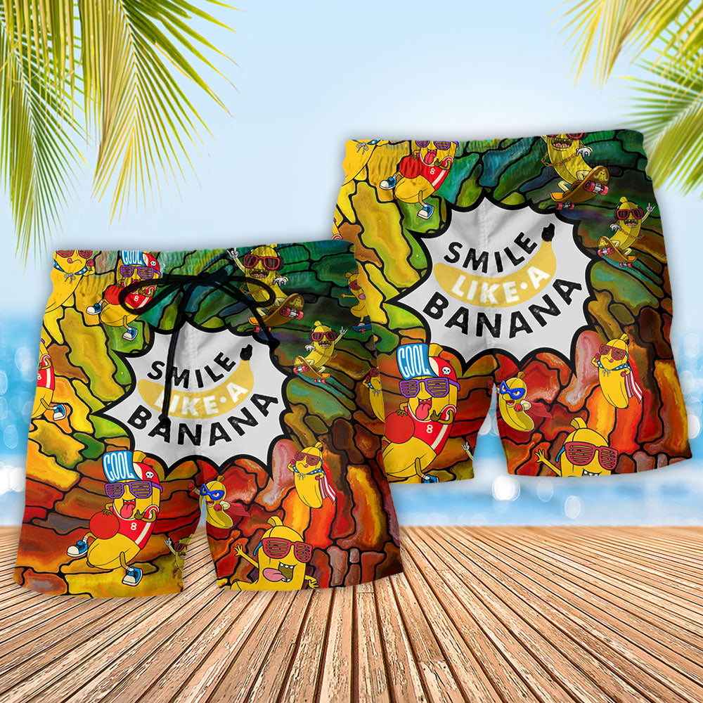 Banana Smile Funny Fruit Beach Shorts Design View For Poolside Relaxation And Holiday Trips