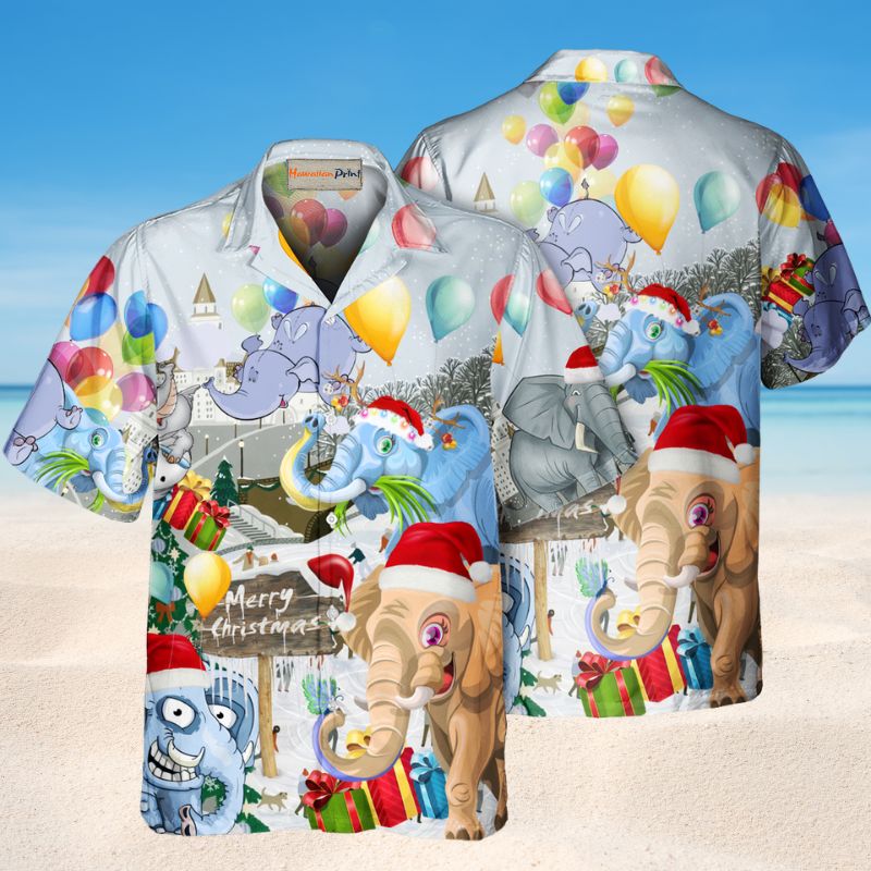Funny Elephants Christmas Hawaiian Shirt For Winter Celebrations, Beach Travel, And Relaxed Holiday Wear