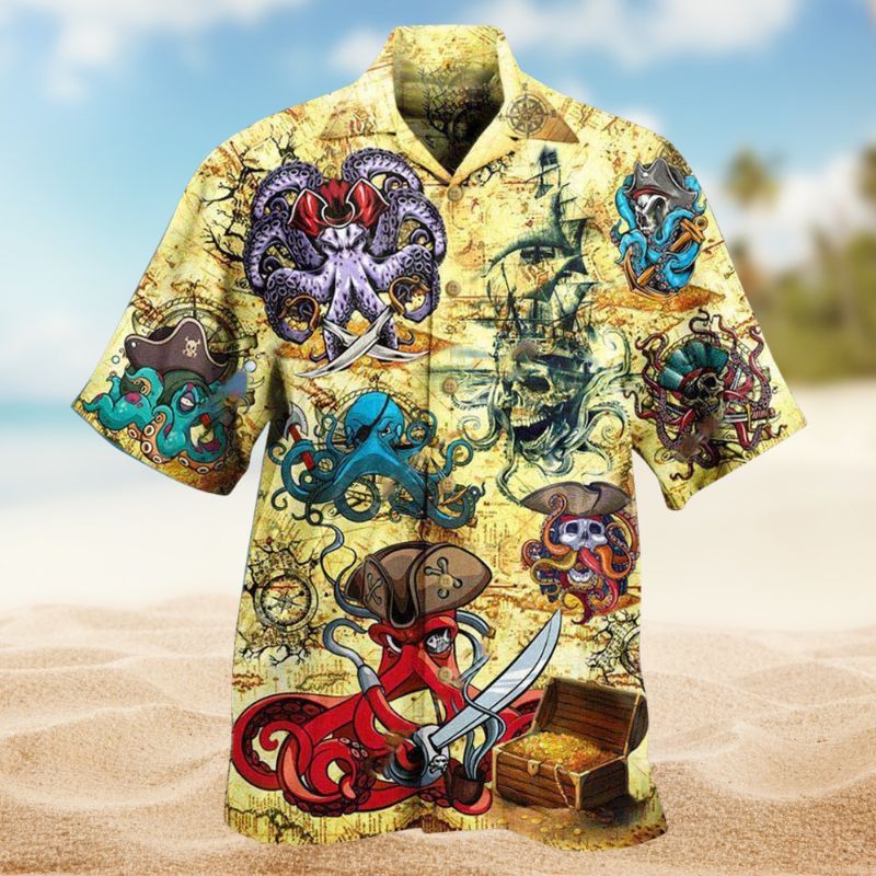 Funny Pirate Octopus Hawaiian Shirt For Coastal Travel, Casual Events, And Comfortable Summer Wear