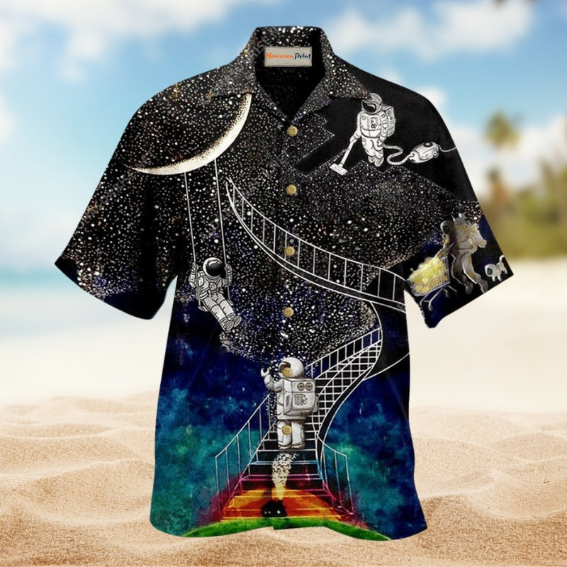 Galaxy Climbing To The Moon Hawaiian Shirt For Island Parties Bold Artwork And Everyday Summer Style