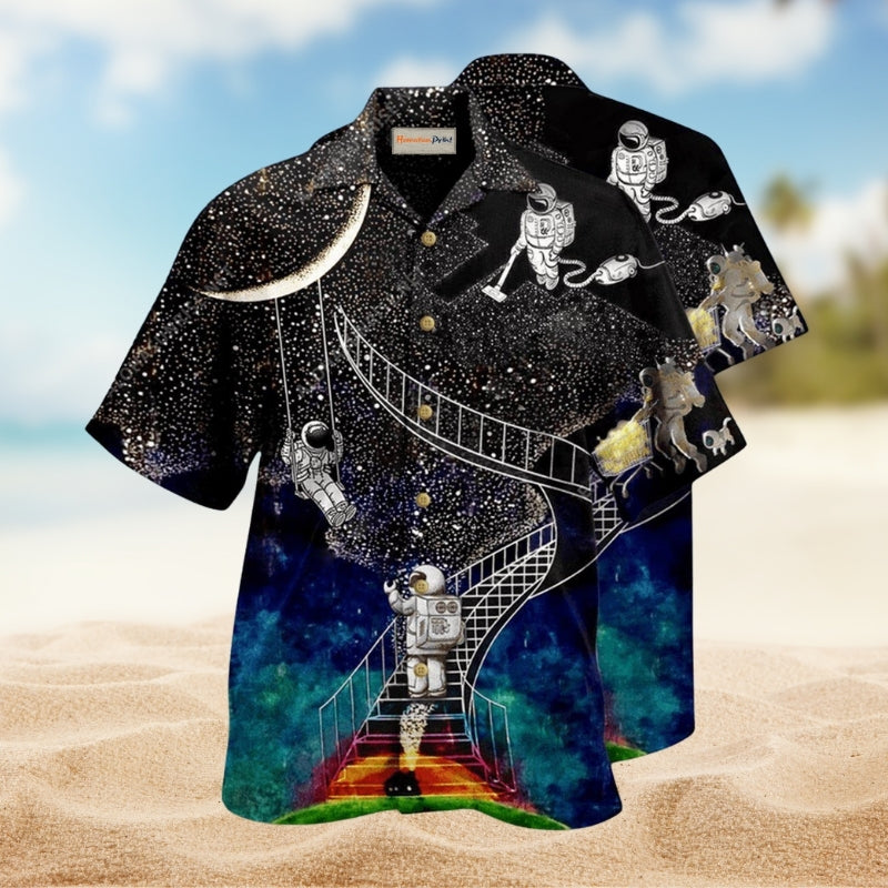 Galaxy Climbing To The Moon Hawaiian Shirt For Island Parties Bold Artwork And Everyday Summer Style