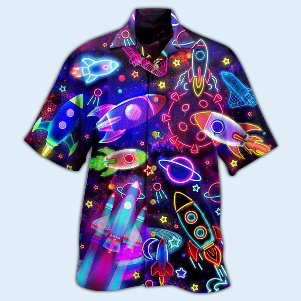 Neon Galaxy Space Rocket Hawaiian Shirt With All Over Print For Resort Holidays Beach Travel And Relaxed Casual Fashion