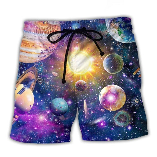 Galaxy Astronomy Colorful Solar Beach Shorts Artwork Detail For Tropical Travel And Everyday Wear