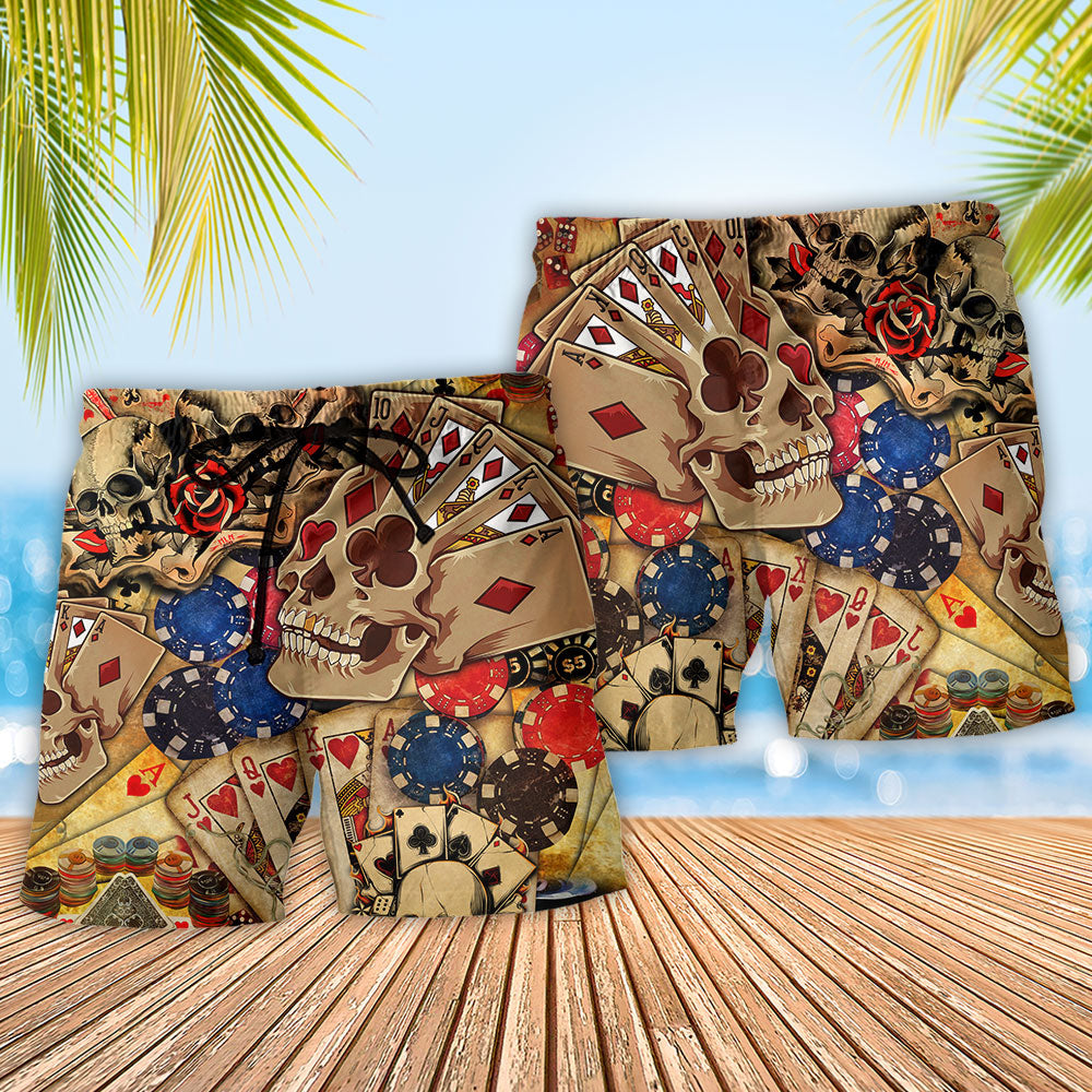 Poker Skull Beach Shorts Pattern Detail For Cruise Vacations And Comfortable Resort Style
