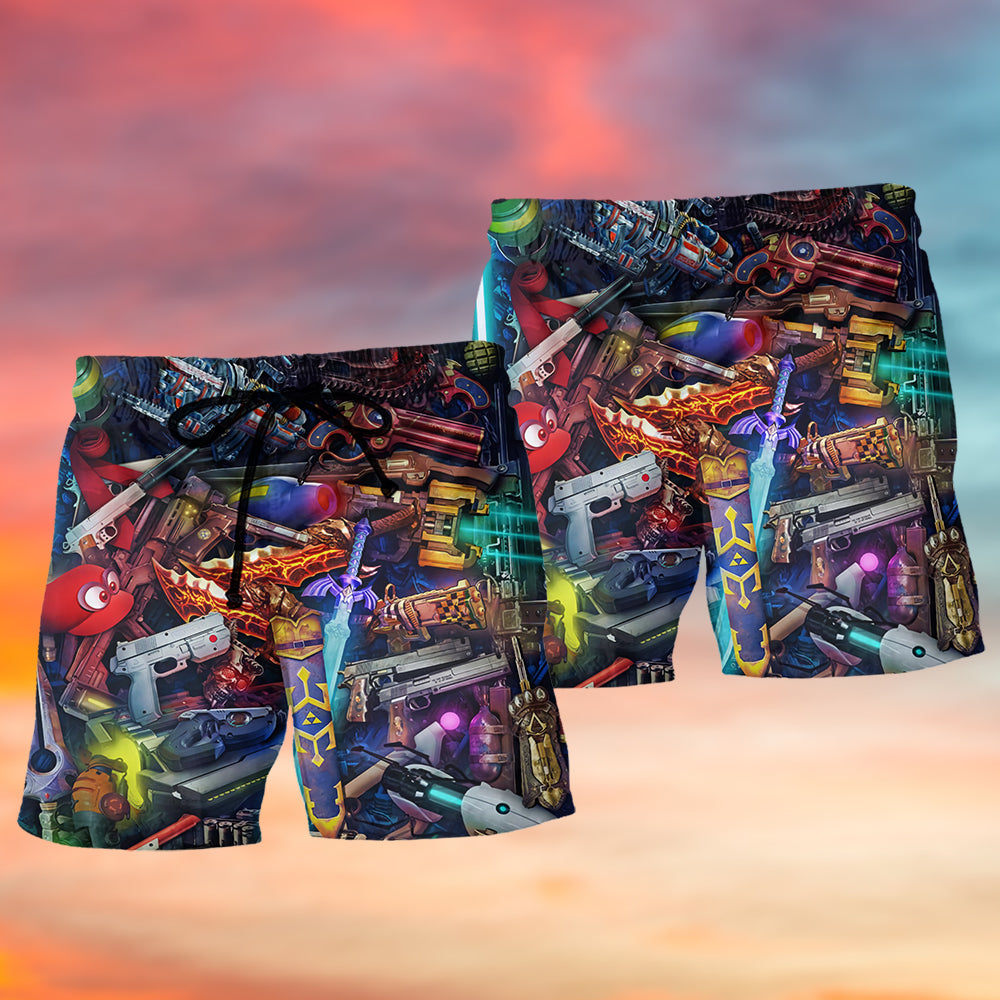 Funny Gaming Life Cartoon Beach Shorts Artwork Detail For Tropical Travel And Everyday Wear