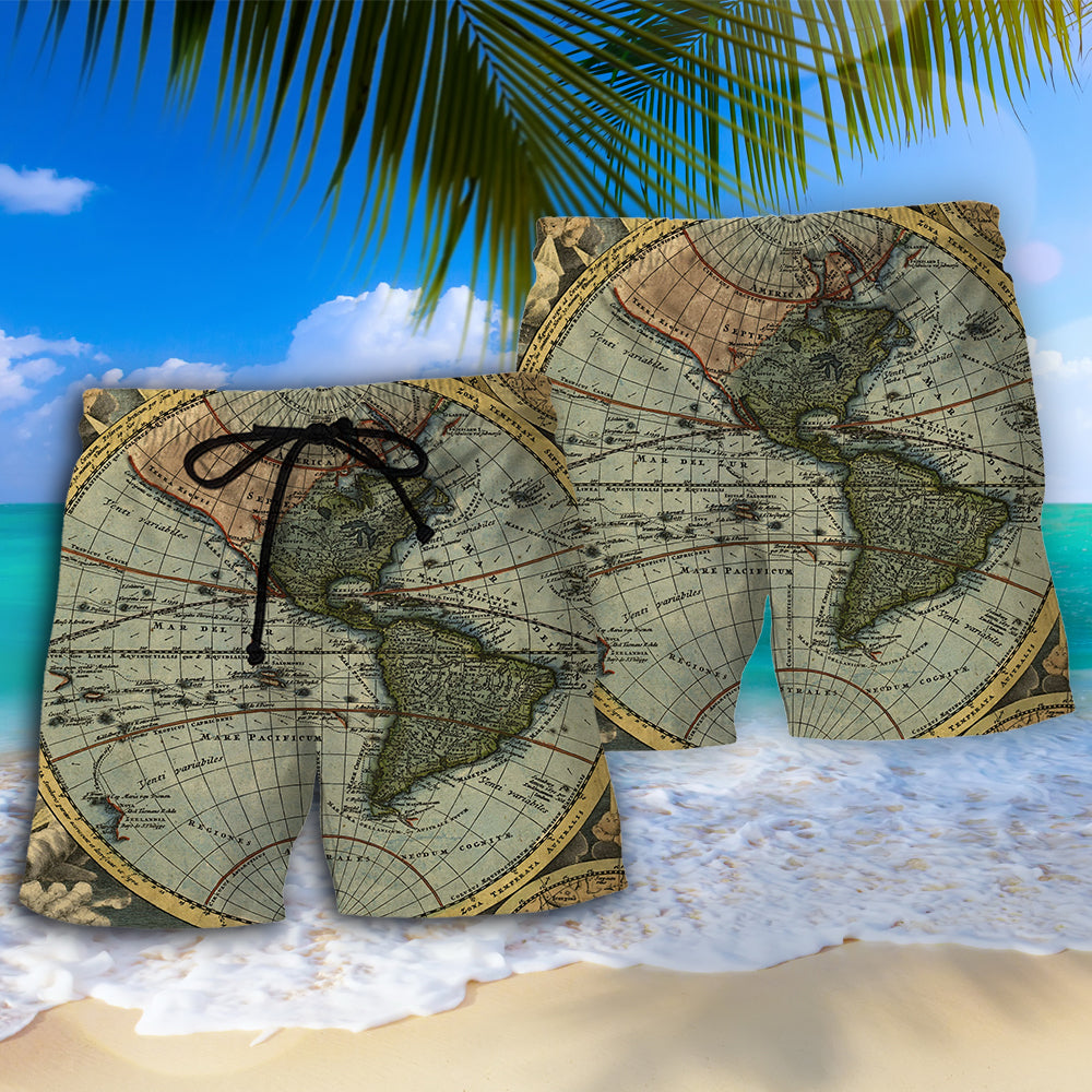 Vintage World Map Geography Beach Shorts For Tropical Getaways And Weekend Adventures