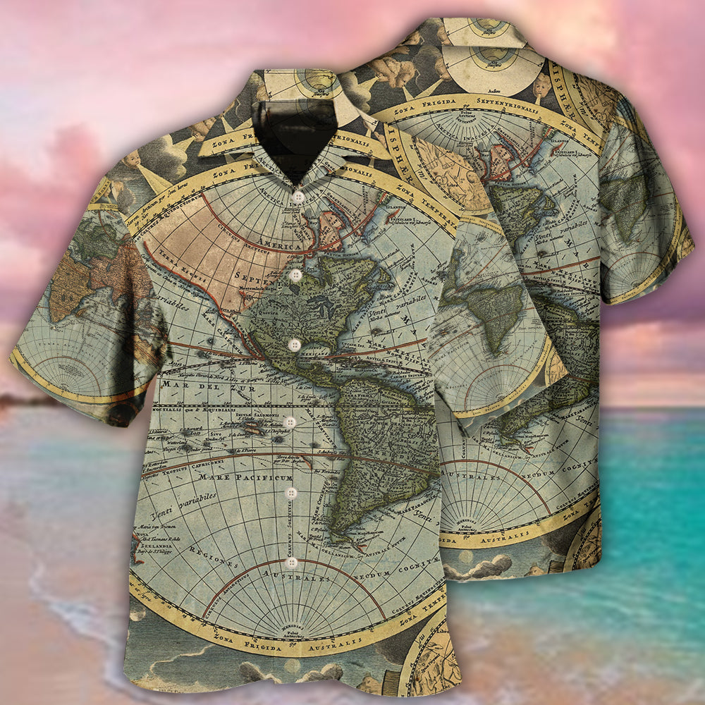 Vintage Geography Hawaiian Shirt With All Over Print For Island Vacation Beach Days And Thoughtful Gifting