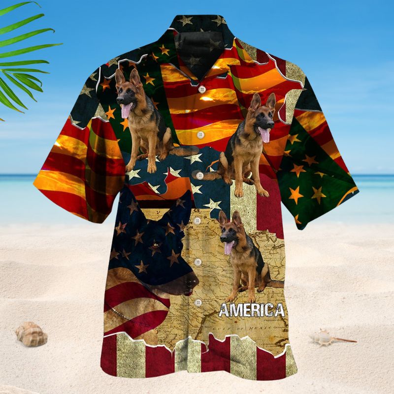 American German Shepherd Sunset Photo Hawaiian Shirt For Island Vacations, Resort Wear, And Relaxed Seasonal Style