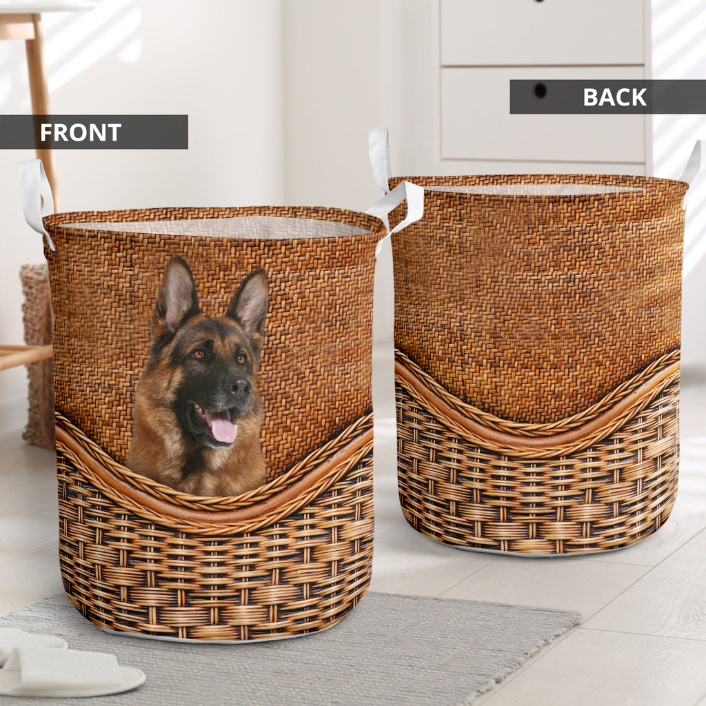 German Shepherd Dog Rattan Texture Laundry Basket For Bathroom Bedroom Storage