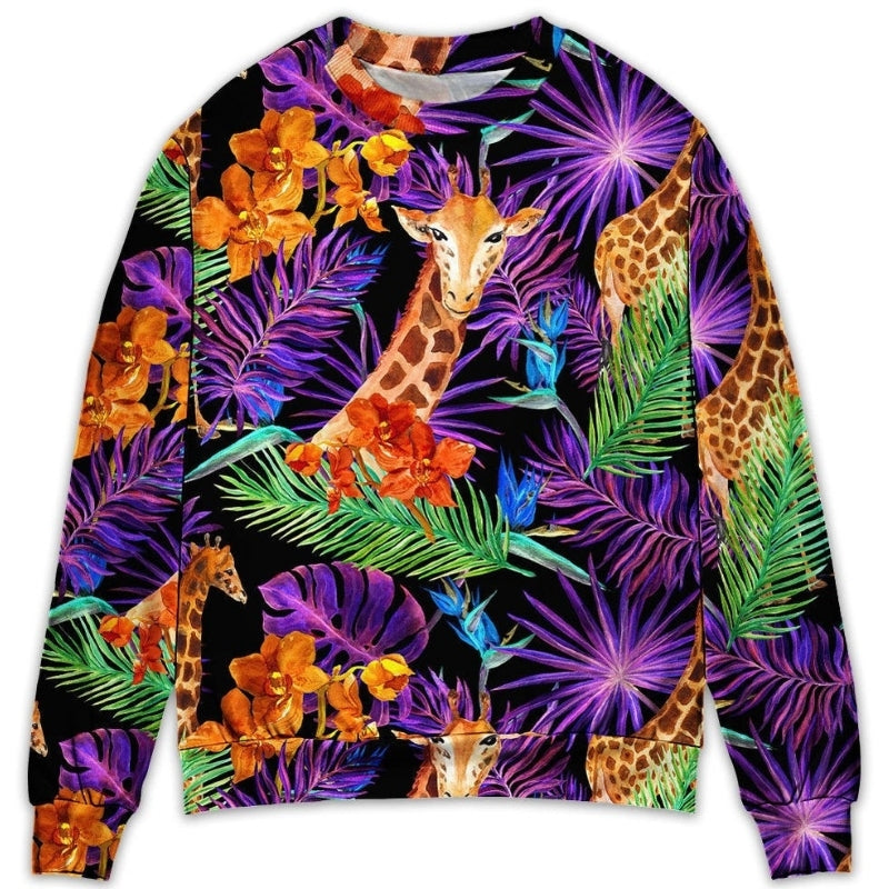 Giraffe Tropical Leaf Colorful Sweater For Nature Inspired Fashion Events And Relaxed Everyday Comfort