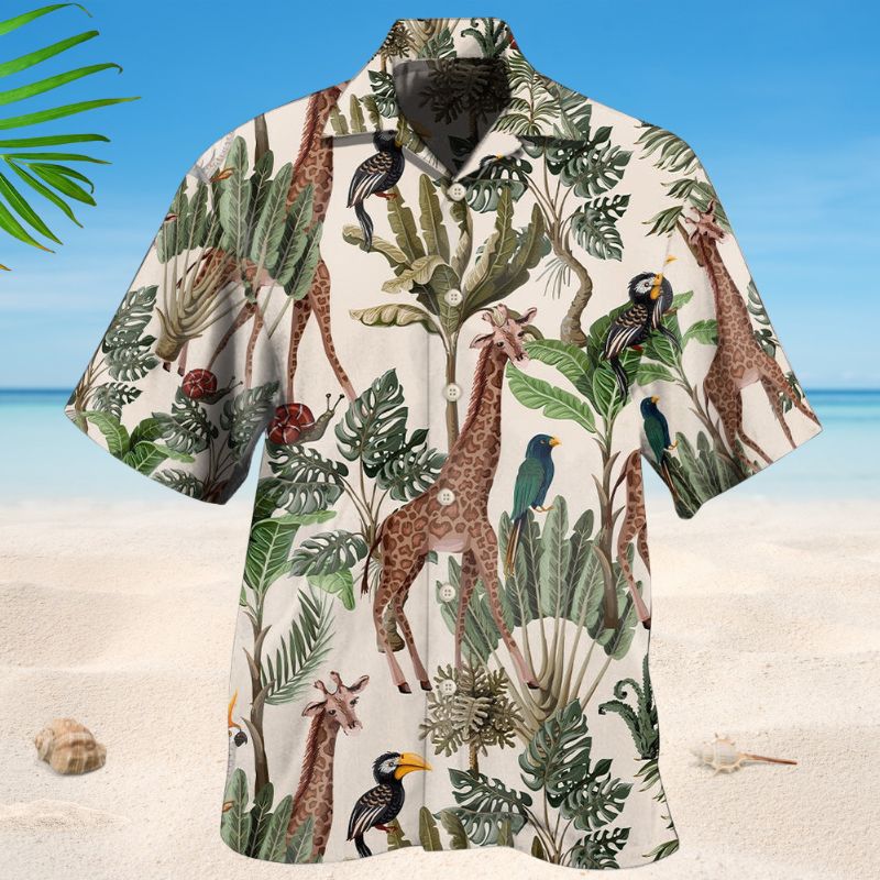 Tropical Giraffe Hawaiian Shirt For Summer Vacation, Beach Travel, And Casual Wear