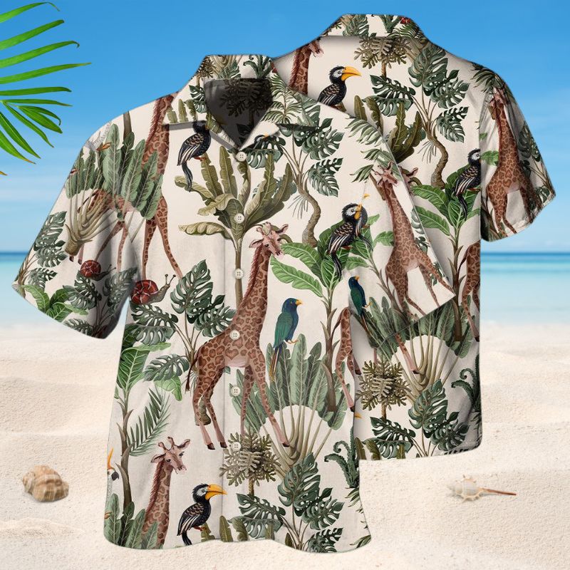 Tropical Giraffe Hawaiian Shirt For Summer Vacation, Beach Travel, And Casual Wear