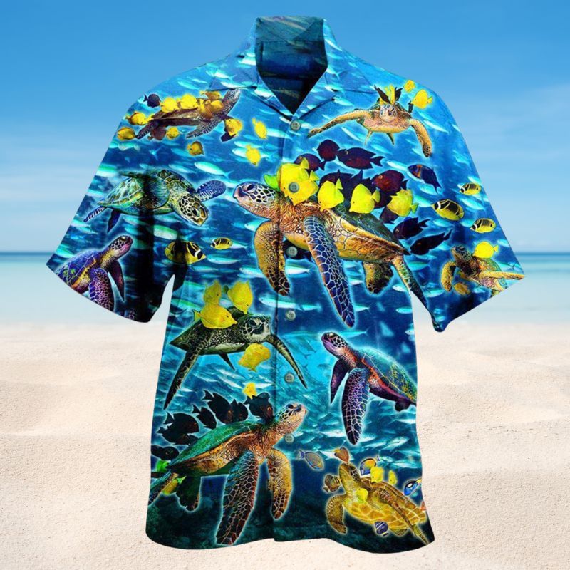 Go With The Flow Turtles And Fish Hawaiian Shirt For Summer Vacation Beach Travel And Relaxed Casual Wear