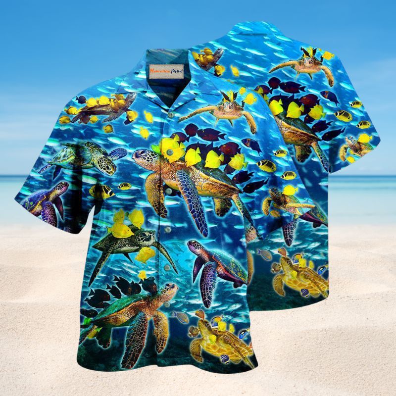 Go With The Flow Turtles And Fish Hawaiian Shirt For Summer Vacation Beach Travel And Relaxed Casual Wear