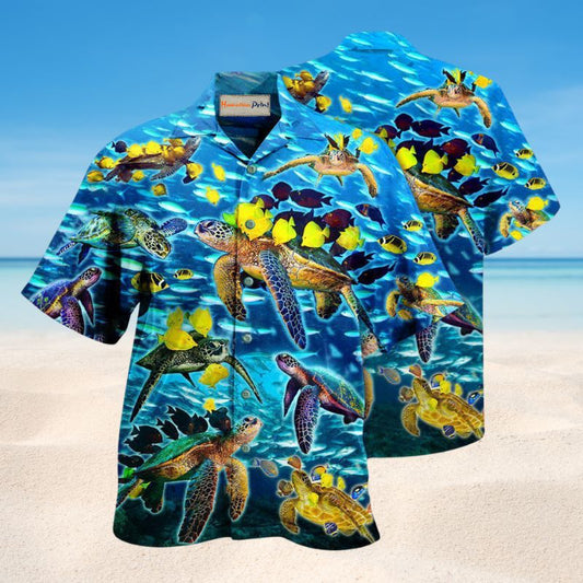 Go With The Flow Turtles And Fish Hawaiian Shirt For Summer Vacation Beach Travel And Relaxed Casual Wear