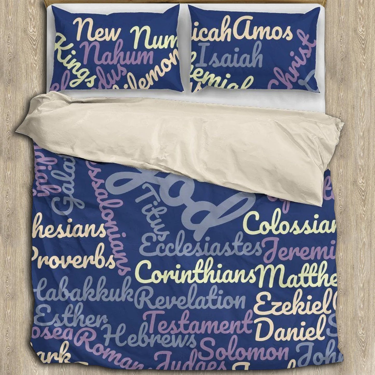 Blue Holy Bible Books Beige Bedding Cover For Faith Bedroom Decor