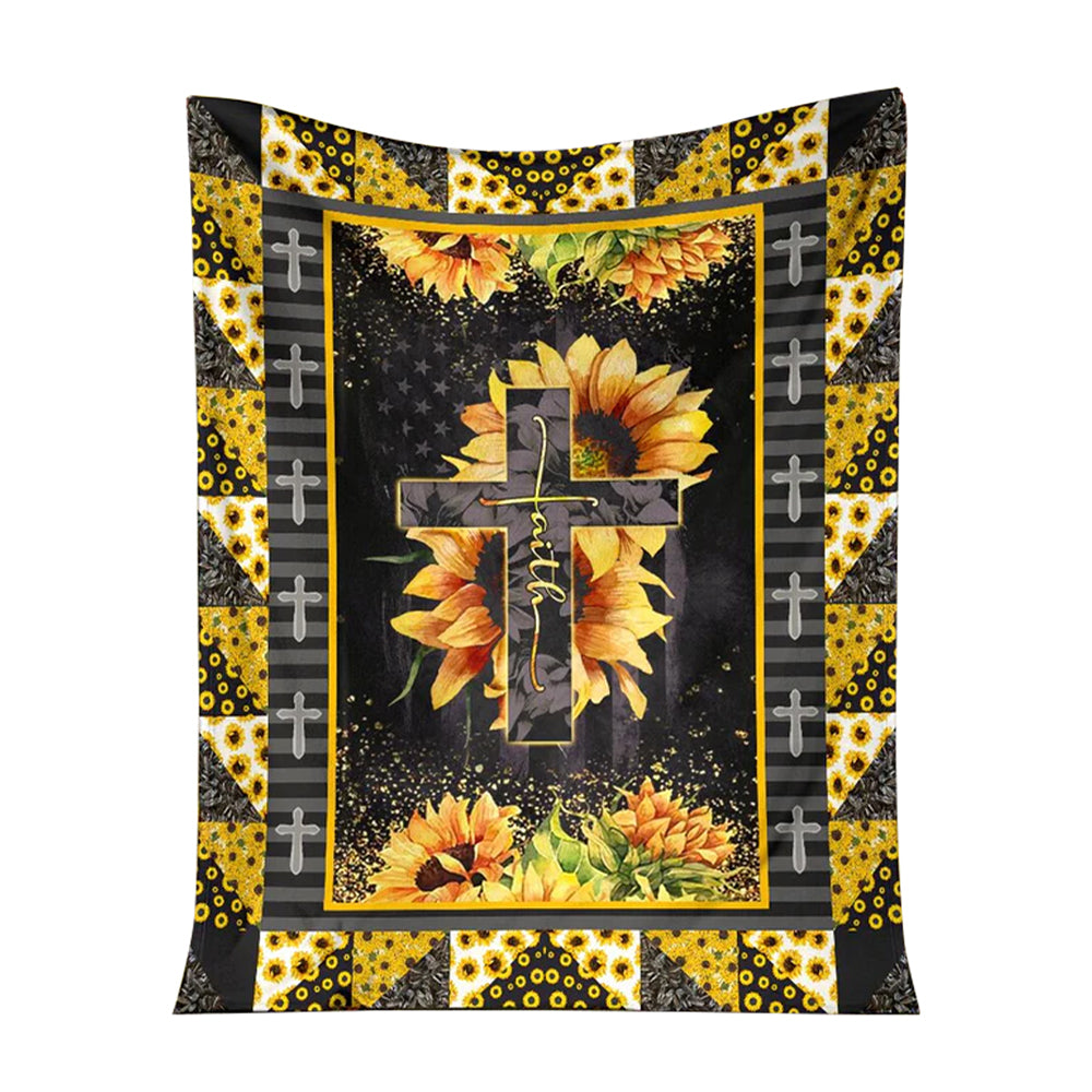 God Cross On Sunflower Christian Flannel Blanket For Cozy Bedroom Sofa Decor