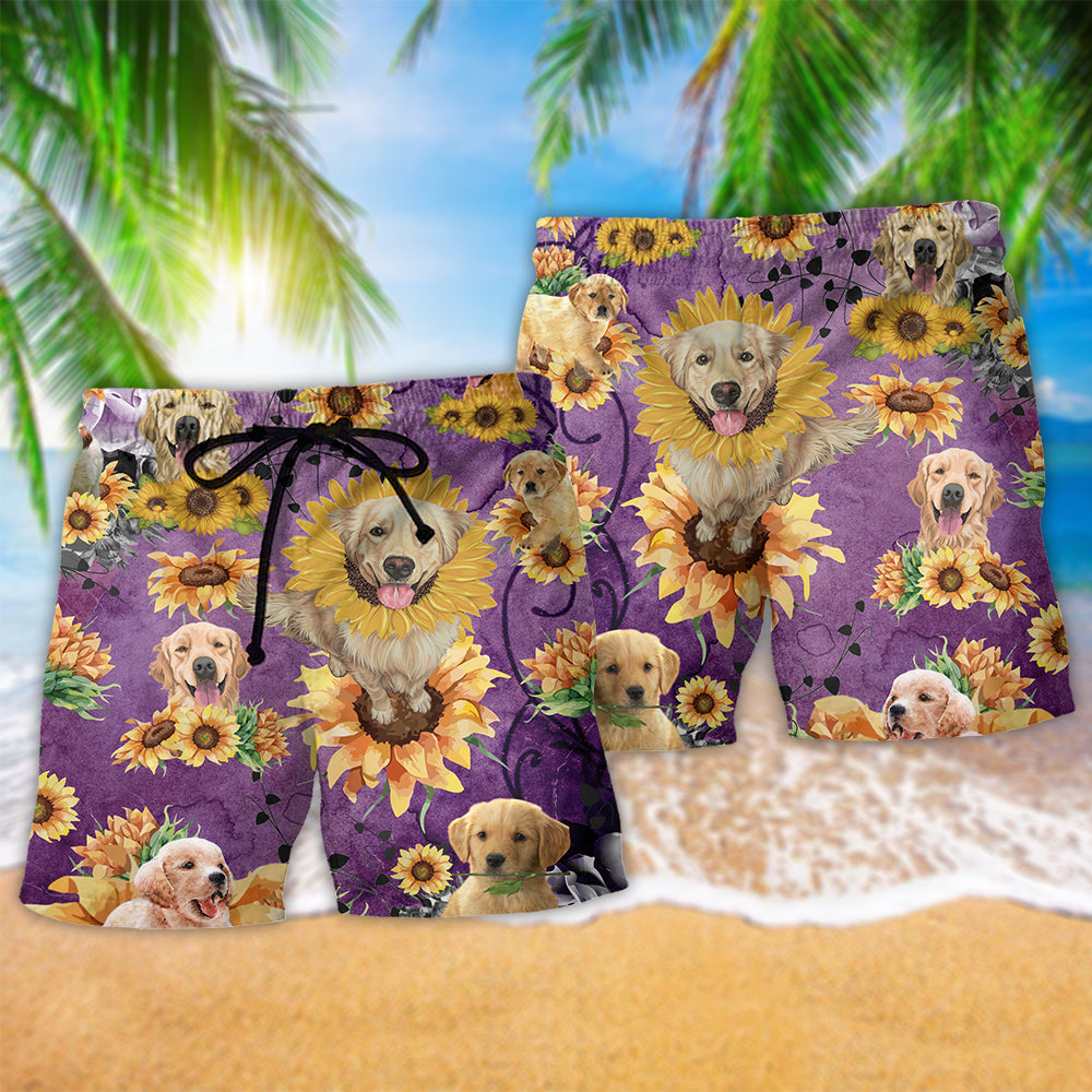 Golden Retriever Sunflower Purple Beach Shorts Pattern Detail For Warm Weather Comfort And Flexible Everyday Wear
