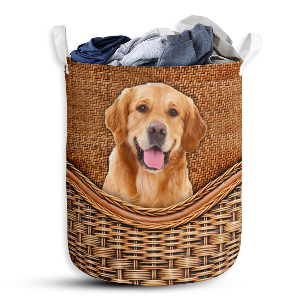 Golden Retriever Dog Rattan Texture Laundry Basket For Bathroom Bedroom Storage