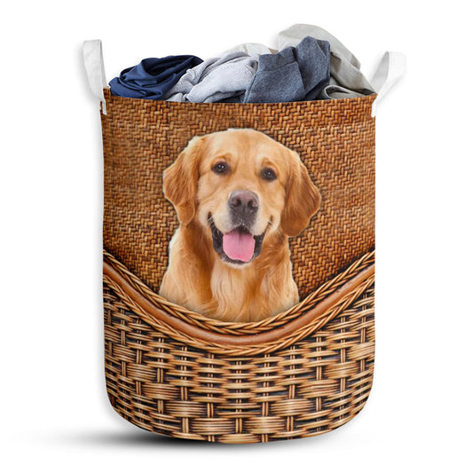 Golden Retriever Dog Rattan Texture Laundry Basket For Bathroom Bedroom Storage