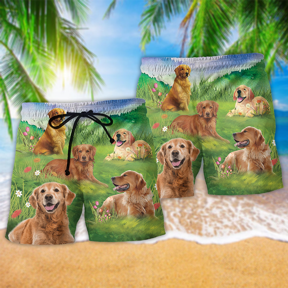 Golden Retriever Playful Dog Beach Shorts Pattern Detail For Island Trips And Travel Ready Comfort