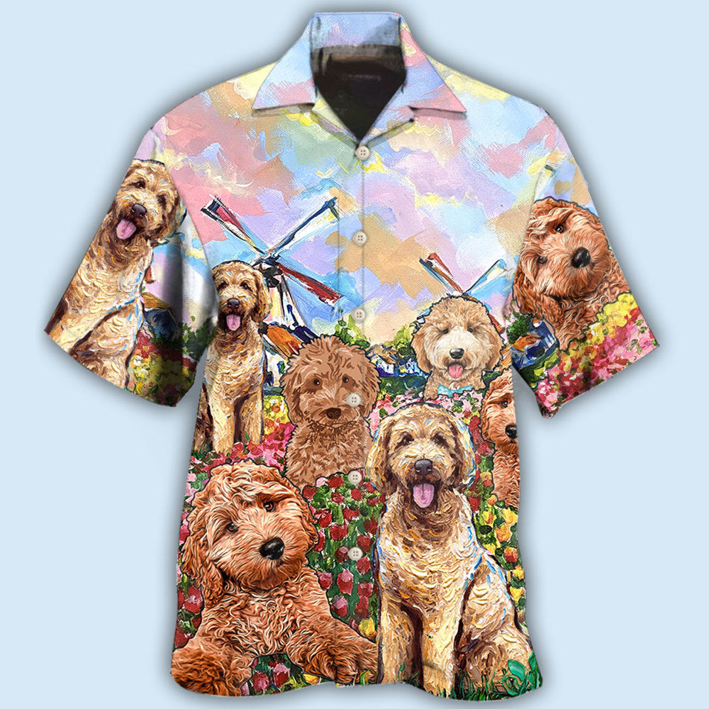 Floral Dog Goldendoodle Hawaiian Shirt Artwork Detail For Tropical Trips And Casual Outings