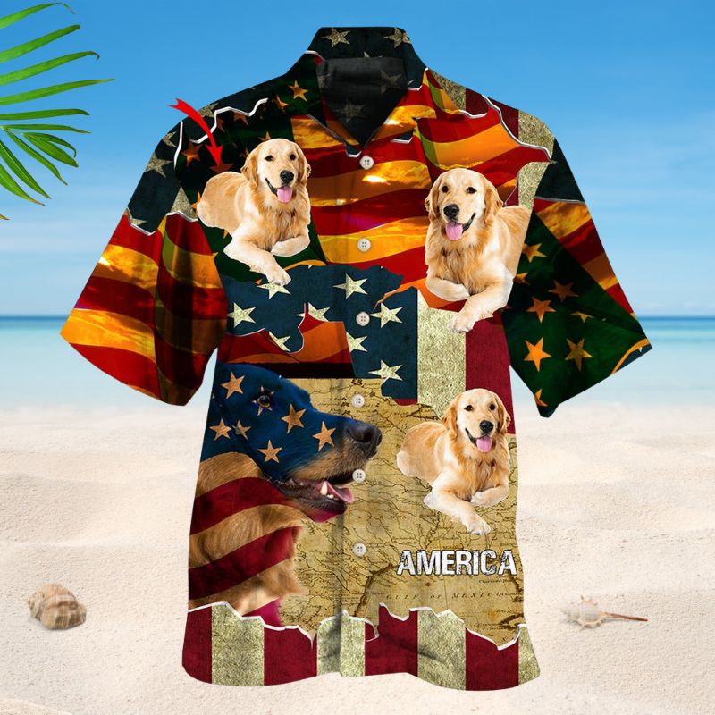 American Golden Retriever Sunset Photo Hawaiian Shirt For Beach Days, Summer Outings, And Thoughtful Gift Giving