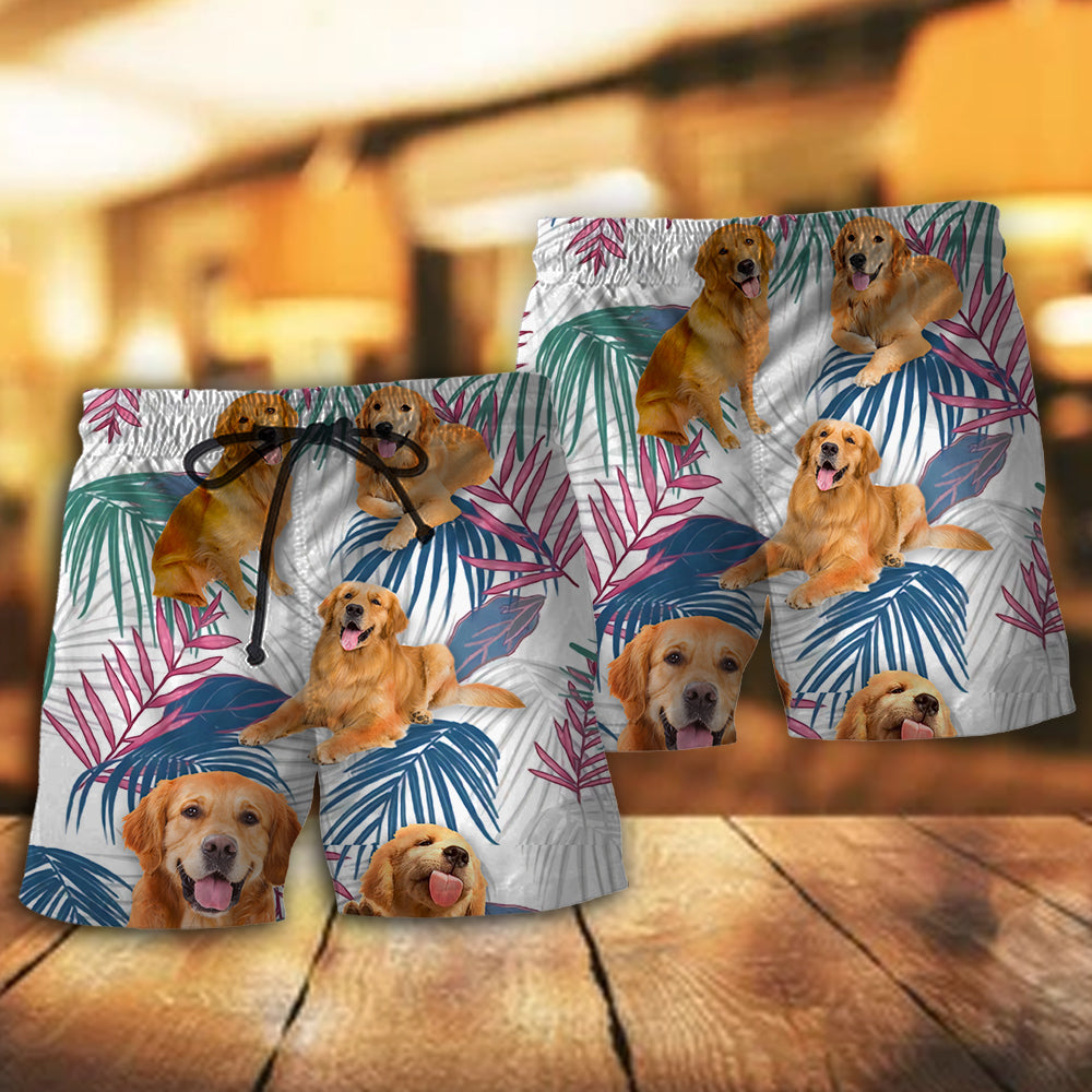 Golden Retriever Tropical Leaf Lover Beach Shorts Design View For Comfortable Resort And Beach Styling