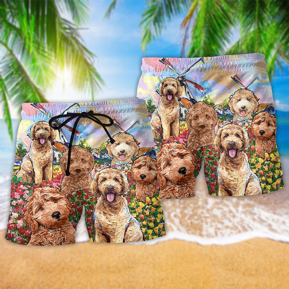 Goldendoodle With Flowers Dog Beach Shorts Print Detail For Beach Activities And Vacation Wear