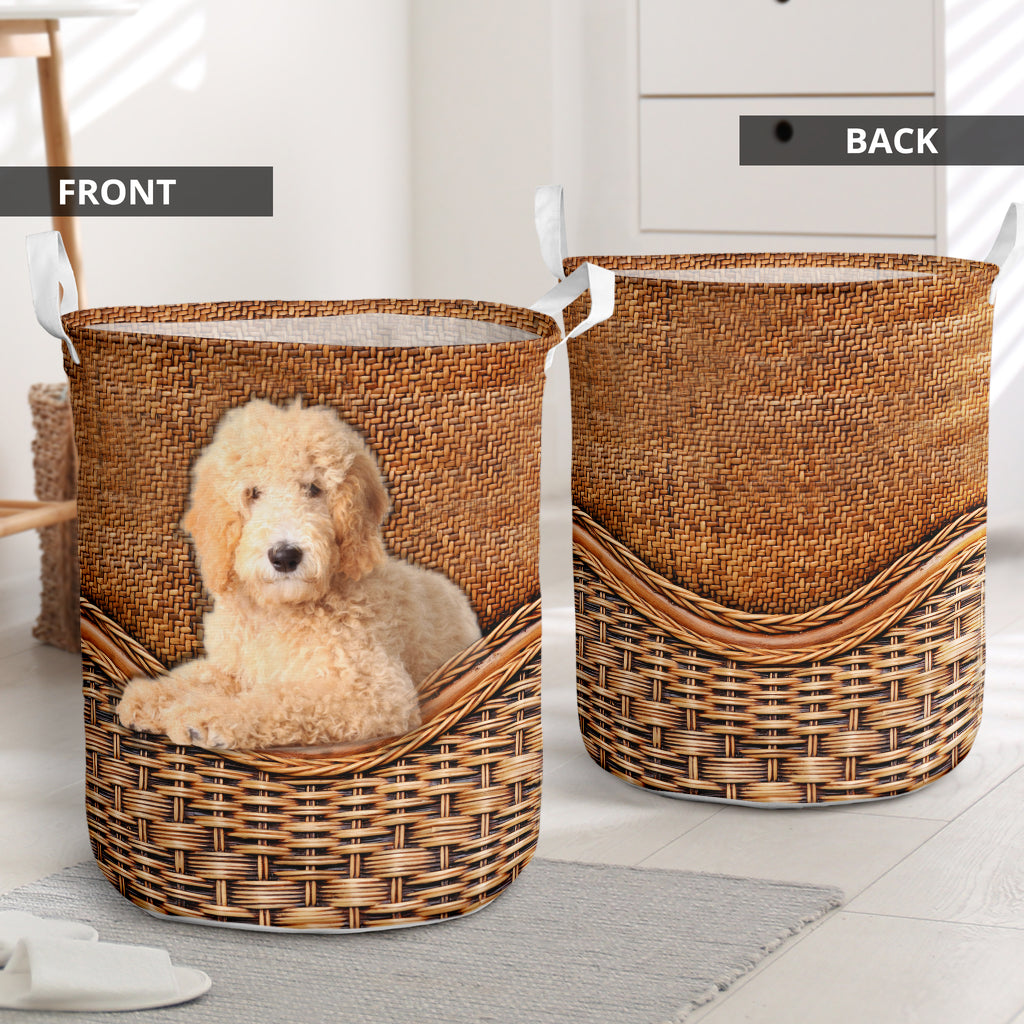 Goldendoodle Dog Rattan Texture Laundry Basket For Room Home Organizer