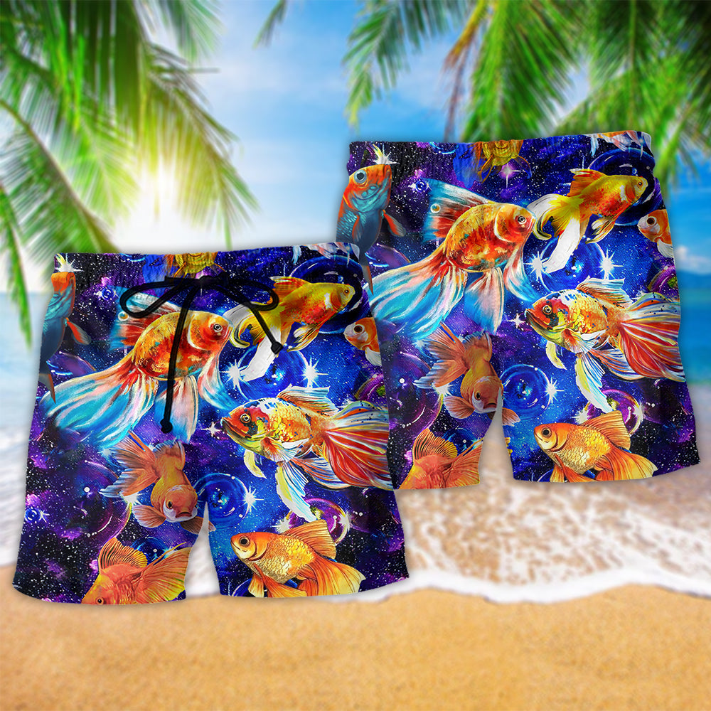 Goldfish Galaxy Cosmic Color Beach Shorts Pattern Detail For Weekend Travel And Relaxed Casual Style