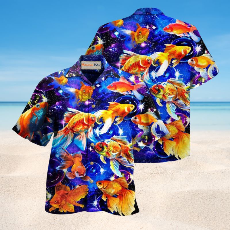 Goldfish In The Galaxy Hawaiian Shirt For Coastal Travel Summer Holidays And Thoughtful Casual Gifts
