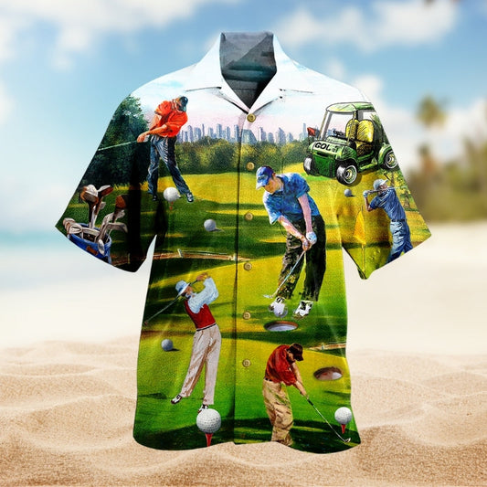 Golf Adventure Graphic Hawaiian Shirt For Coastal Travel, Casual Events, And Comfortable Summer Wear
