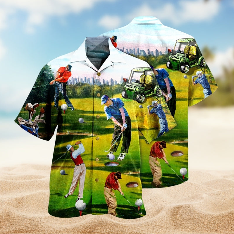 Golf Adventure Graphic Hawaiian Shirt For Coastal Travel, Casual Events, And Comfortable Summer Wear