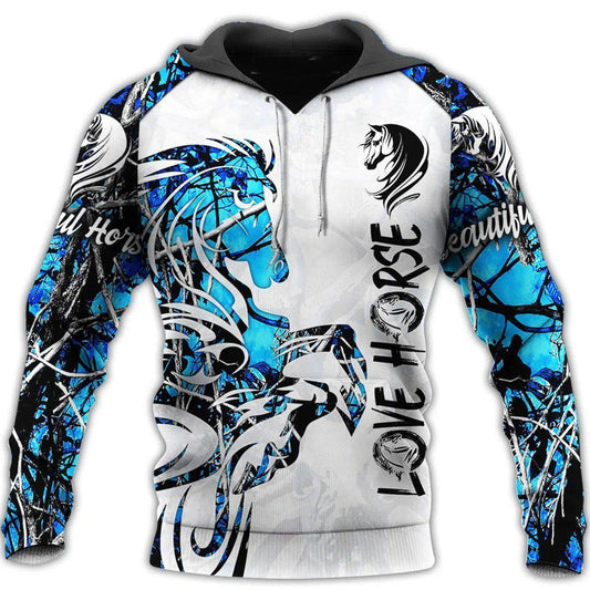 Blue White Love Horse Hoodie For Western Events Outdoor Activities And Everyday Styling