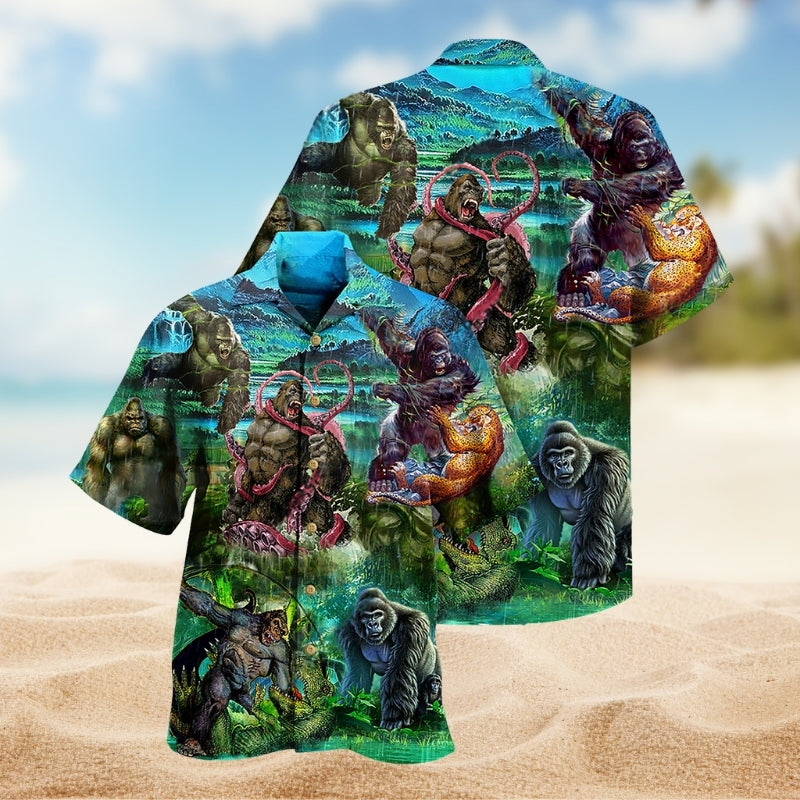 Gorilla King Jungle Hawaiian Shirt For Coastal Travel, Casual Events, And Comfortable Summer Wear