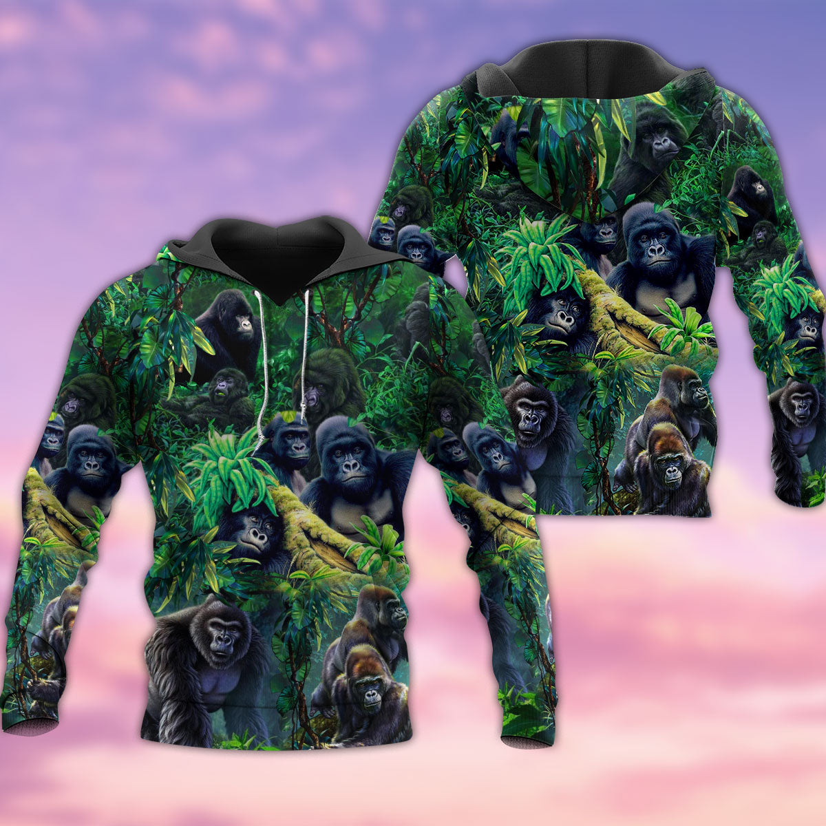 Green Gorilla Family Jungle Hoodie For Everyday Wear Outdoor Adventures And Comfortable Style