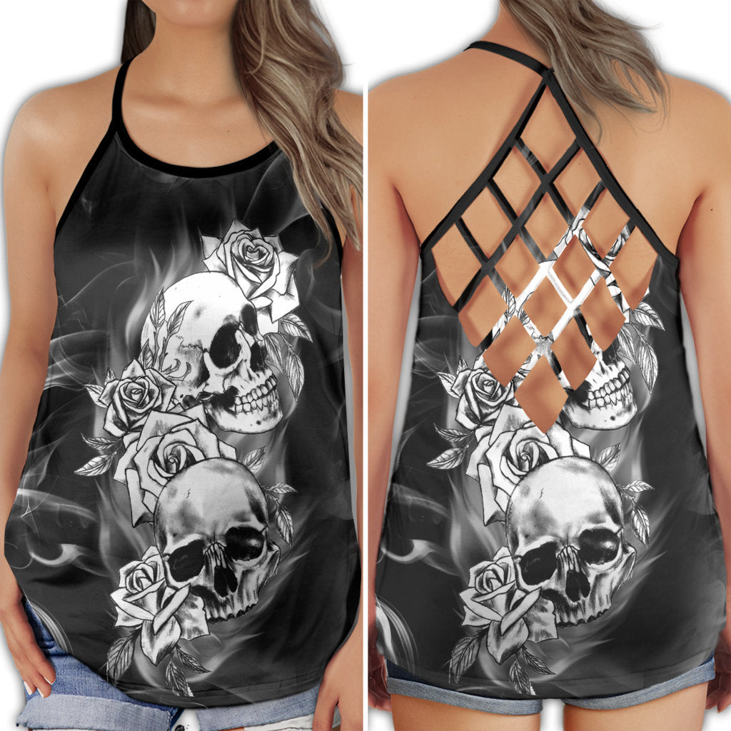 Gothic Skull White Rose Hollow Tank Top For Yoga Practice And Summer Outings