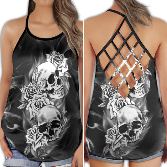 Gothic Skull White Rose Hollow Tank Top For Yoga Practice And Summer Outings