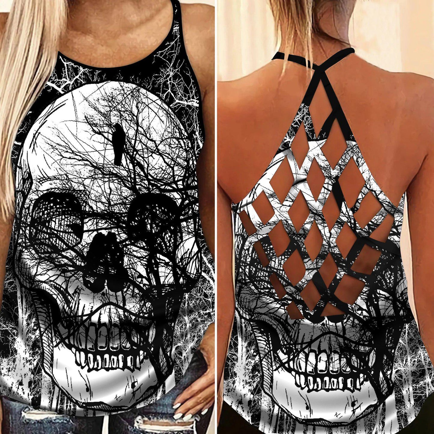 Gothic Skull Club Hollow Tank Top For Studio Workouts And Confident Outfits