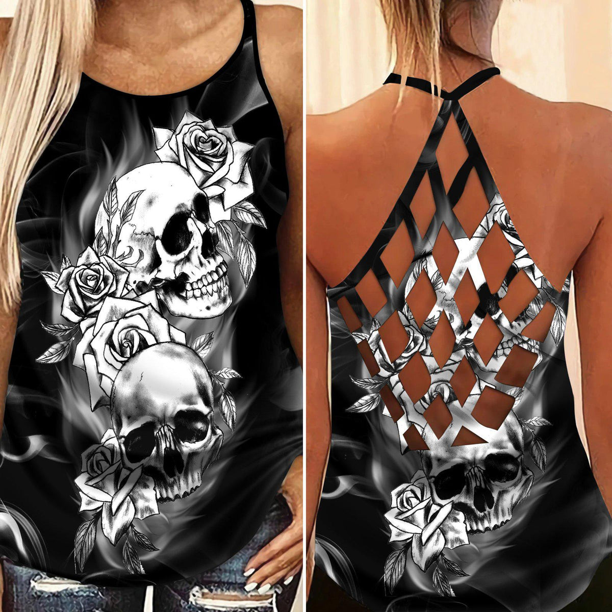 Gothic Skull Club Hollow Tank Top For Outdoor Activities And Casual Style