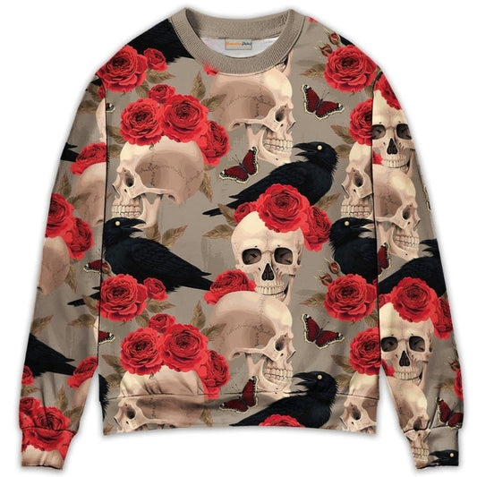Skull With Rose Flower And Raven Gothic Sweater For Halloween Events Weekend Outings And Creative Gift Giving