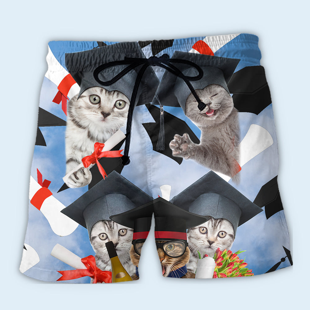 Cute Graduation Cat Celebration Beach Shorts Print View For Coastal Escapes And Casual Outings
