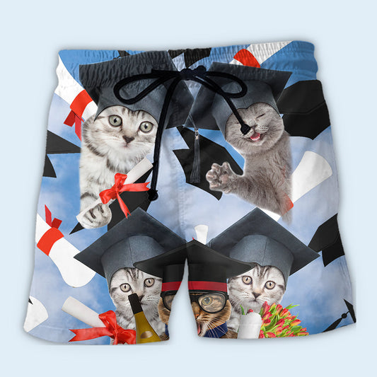 Cute Graduation Cat Celebration Beach Shorts Print View For Coastal Escapes And Casual Outings