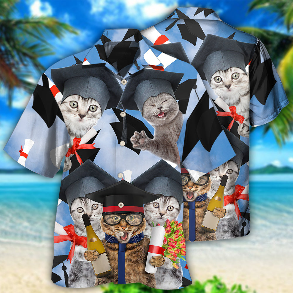Cute Graduation Cat Celebration Hawaiian Shirt For Animal Lovers, Beach Travel, And Casual Summer Style