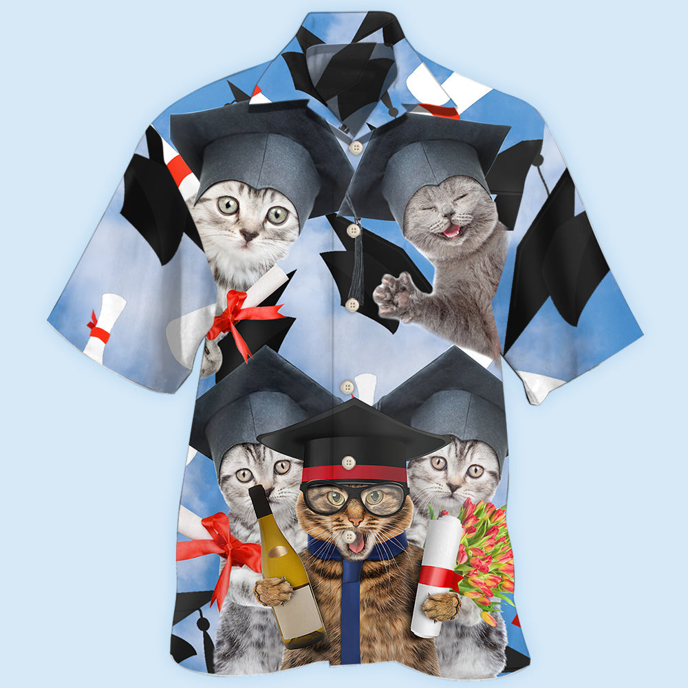 Cute Graduation Cat Celebration Hawaiian Shirt For Animal Lovers, Beach Travel, And Casual Summer Style