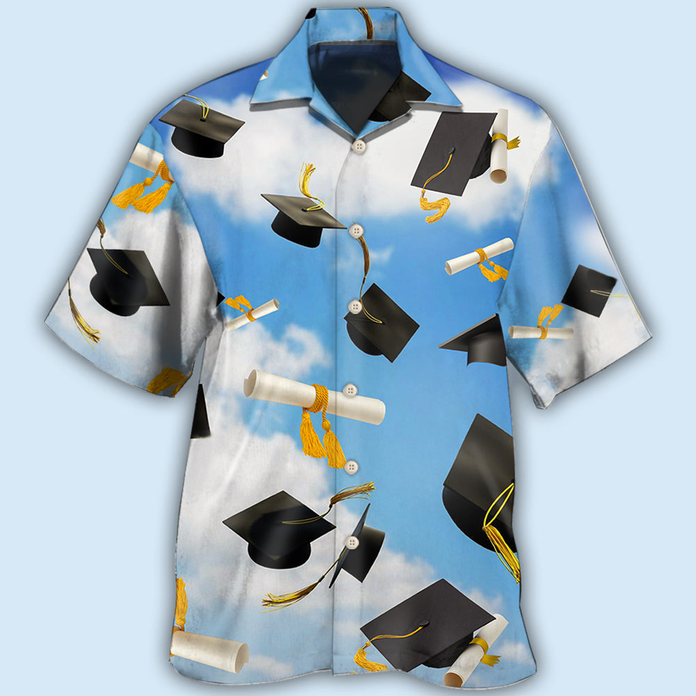 Blue Graduation Hawaiian Shirt With Detailed Graphic For Tropical Getaways Outdoor Fun And Everyday Wear