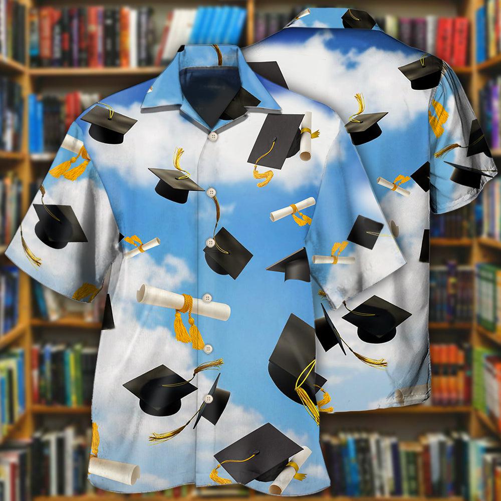 Blue Graduation Hawaiian Shirt With All Over Print For Tropical Getaways Outdoor Fun And Everyday Wear